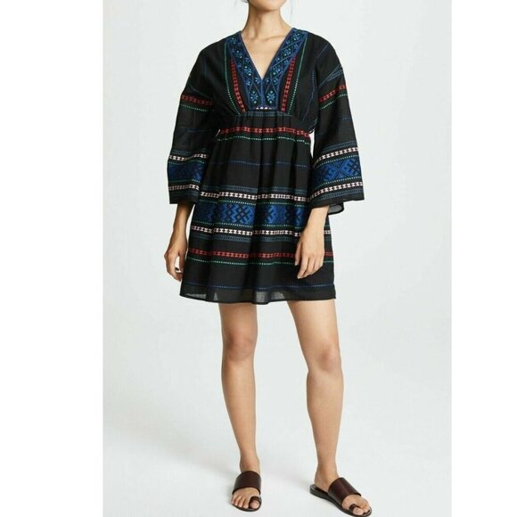 Joie Boho Embroidered Cotton Mini Dress Small Black VNeck Blue Shada Bell Sleeve - Picture 6 of 9